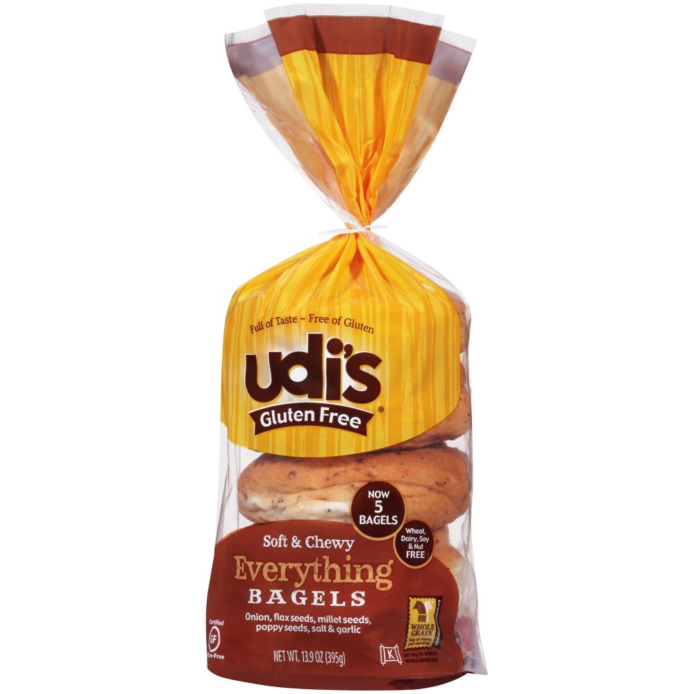 slide 2 of 3, Udi's Gluten Free Soft & Chewy Everything Bagels 5 ea, 5 ct