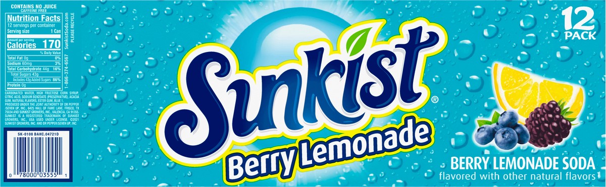slide 7 of 7, Sunkist Berry Lemonade Soda - 12 ct; 12 fl oz - 12 ct; 12 fl oz, 12 ct; 12 fl oz
