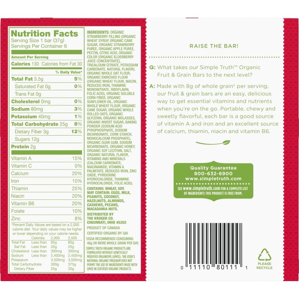 slide 1 of 4, Simple Truth Organic Strawberry Fruit & Grain Bars, 6 ct; 1.3 oz