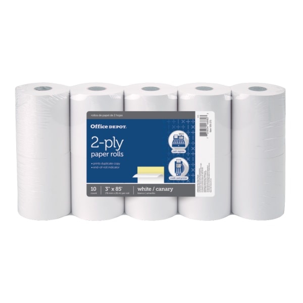 slide 1 of 2, Office Depot 2-Ply Paper Rolls, Canary/White, 10 ct; 3 in x 85 ft