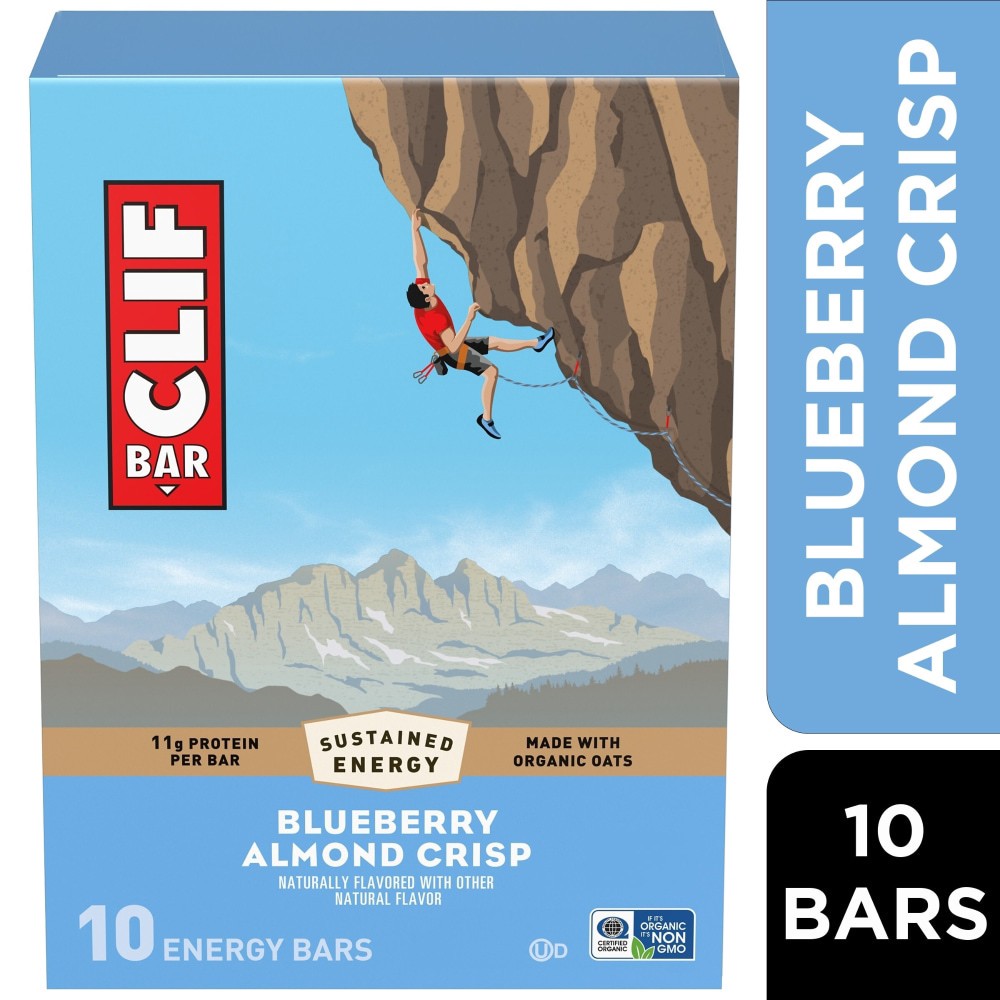 slide 5 of 6, CLIF BAR - Blueberry Almond Crisp - Made with Organic Oats - Energy Bars - Non-GMO - Plant Based Protein Bars (10 Pack), 10 ct