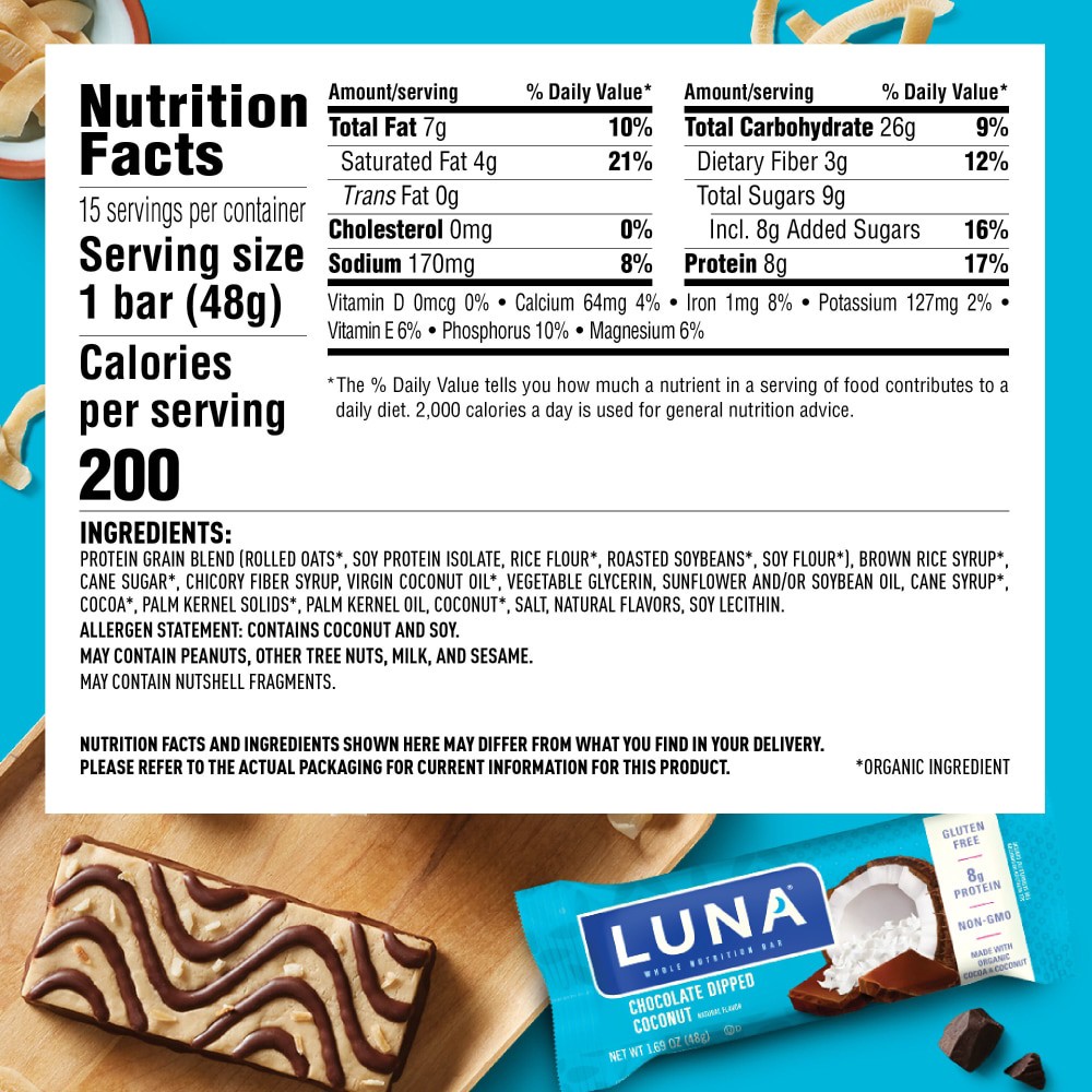 slide 4 of 6, Luna Chocolate Dipped Coconut Nutrition Bar - 1.69 oz, 1.69 oz