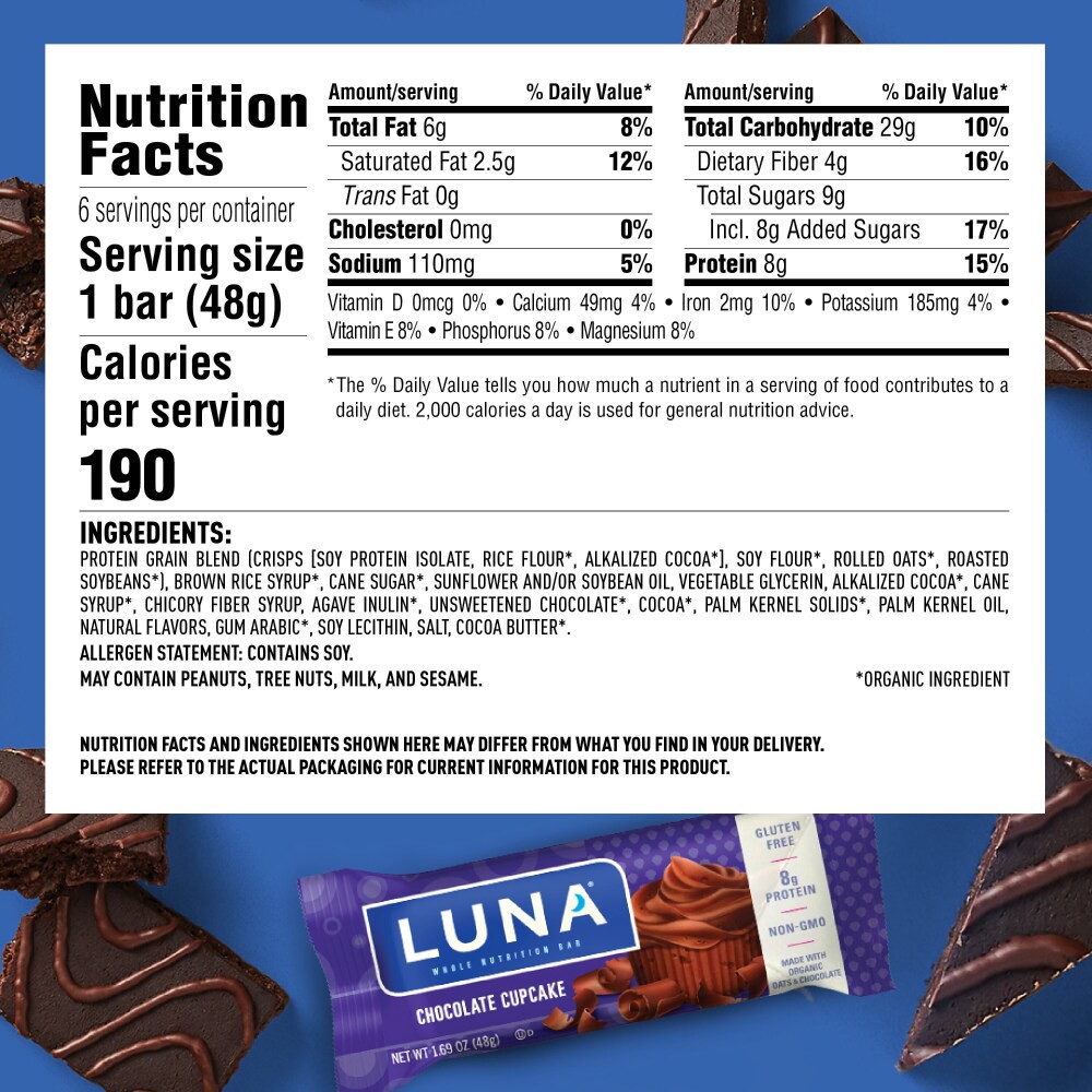 slide 2 of 6, Luna Chocolate Cupcake Whole Nutrition Bars, 15 ct; 1.69 oz