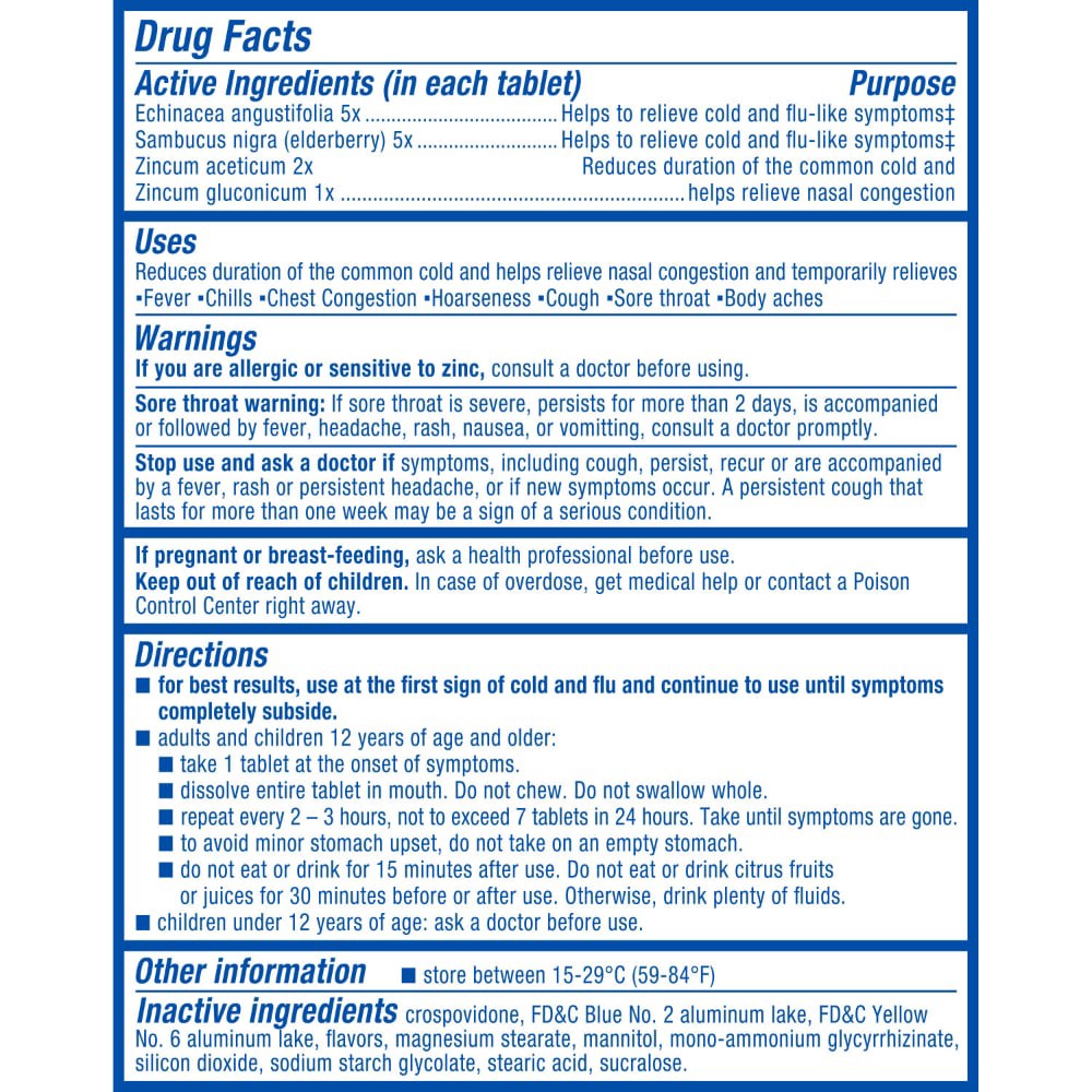 slide 4 of 6, Zicam Echinacea + Sambucus Cold & Flu 20 Quick-Dissolve Tablets, 20 ct