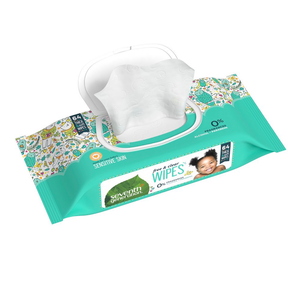 slide 2 of 6, Seventh Generation Free & Clear Baby Wipes with Flip-Top Dispenser - 64ct, 64 ct