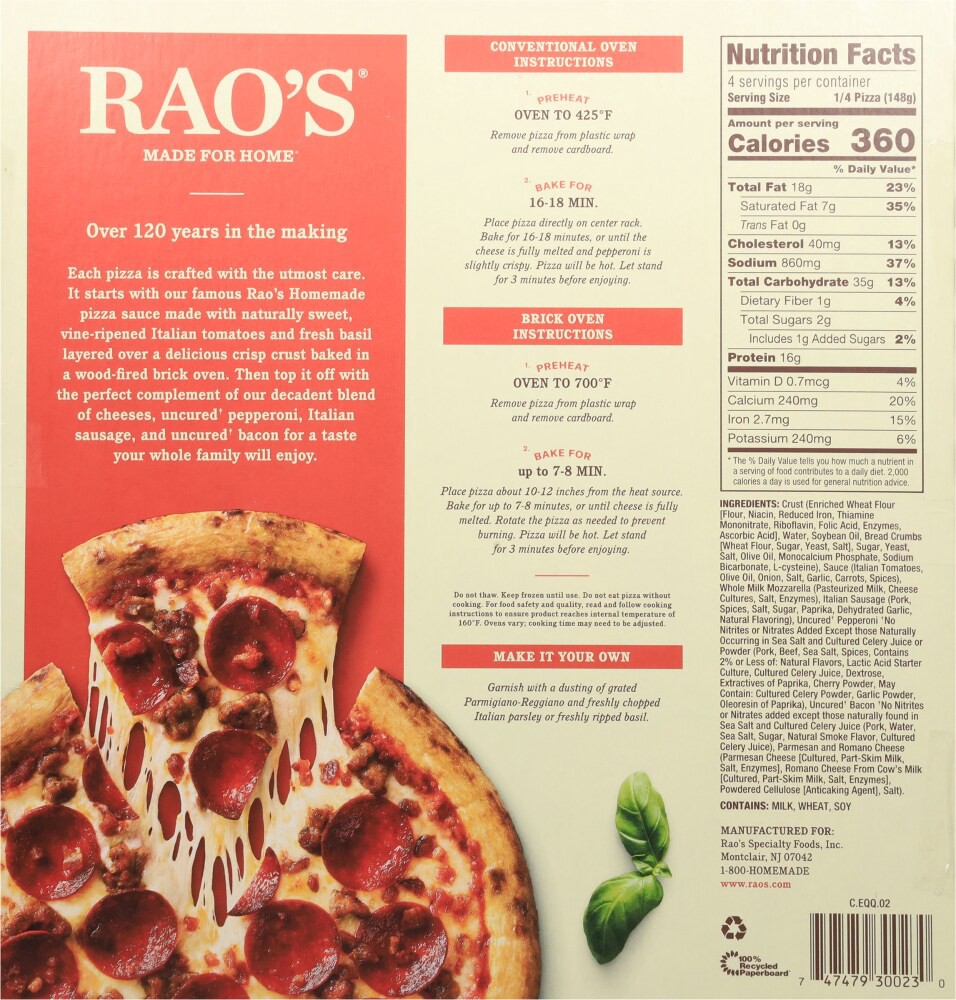 slide 2 of 3, Rao's Made for Home Brick Oven Crust Meat Trio Pizza 20.8 oz, 20.8 oz