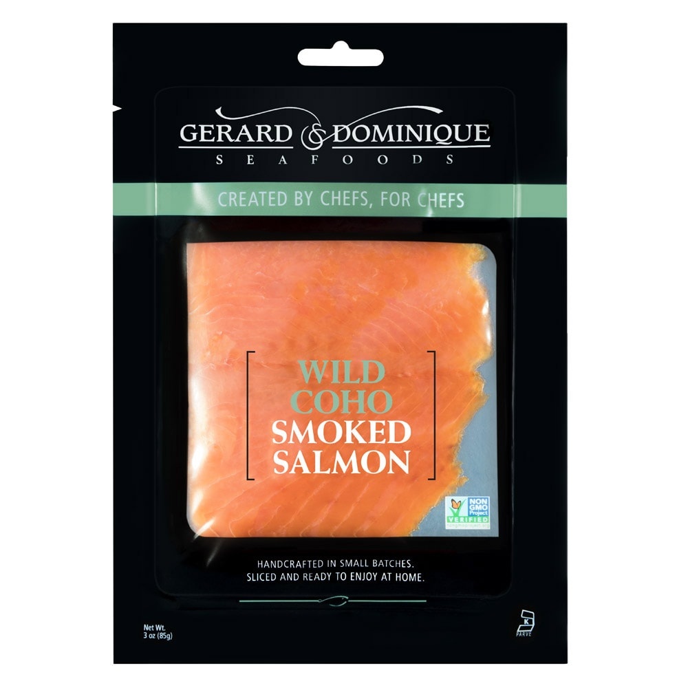 slide 1 of 1, Gerard & Dominque Wild Coho Smoked Salmon Lox, 3 oz