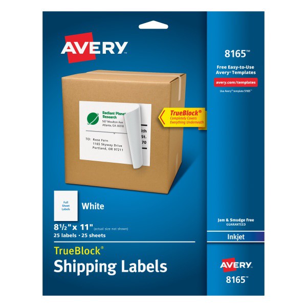 slide 1 of 8, Avery 08165, Shipping Labels with Ultrahold Ad & TrueBlock, Inkjet, 8 1/2 x 11, White, 25 ct