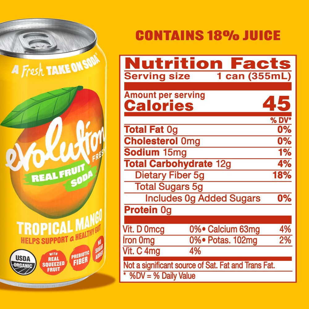 slide 3 of 6, Evolution Fresh Tropical Mango Organic Real Fruit Soda - 12 fl oz Can, 12 fl oz
