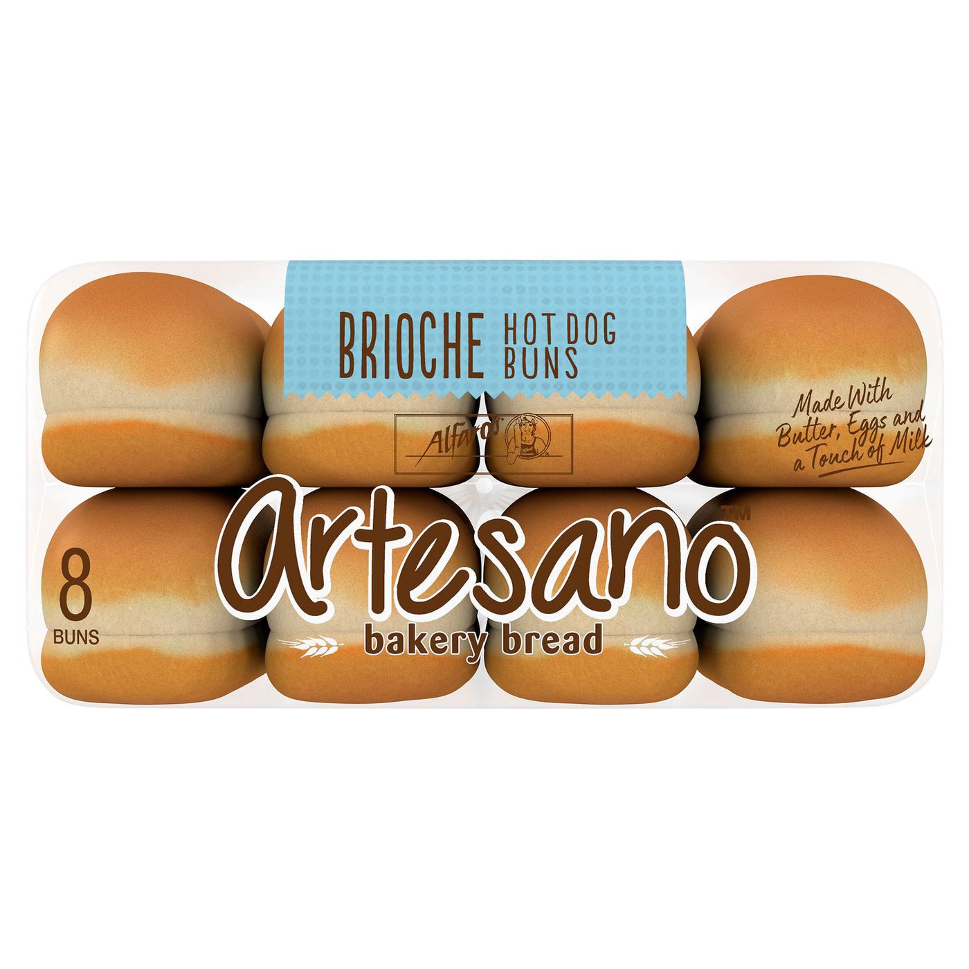 slide 1 of 1, Artesano Alfaro's Artesano Brioche Hot Dog Buns, 8 count, 13.5 oz, 8 ct