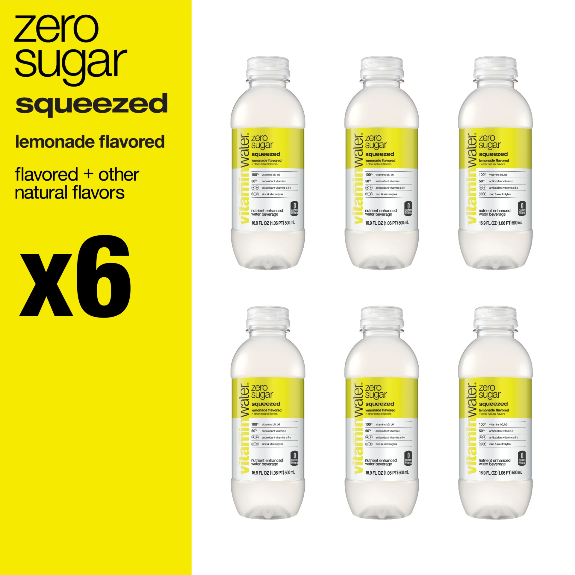 slide 2 of 7, vitaminwater Zero Sugar Squeezed Lemonade Flavored Nutrient Enhanced Water Beverage - 6 ct, 6 ct; 16.9 oz