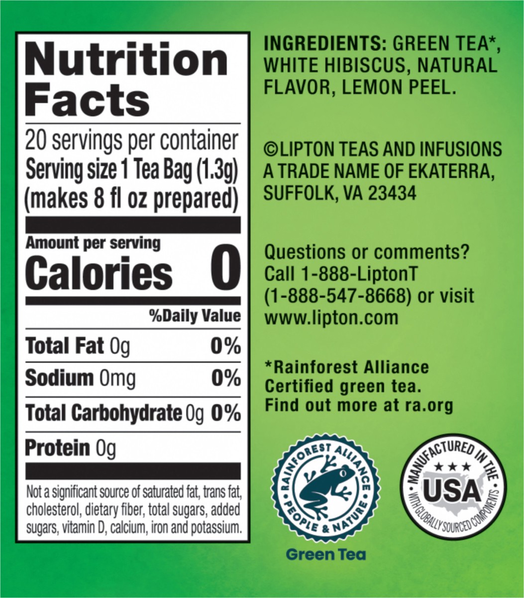 slide 10 of 31, Lipton Lemon Green Tea Bags, Flavored, Unsweetened Teabags for Hot Tea or Iced Tea with Caffeine and Flavonoids, 20ct Box, 20 ct, 0.92 oz