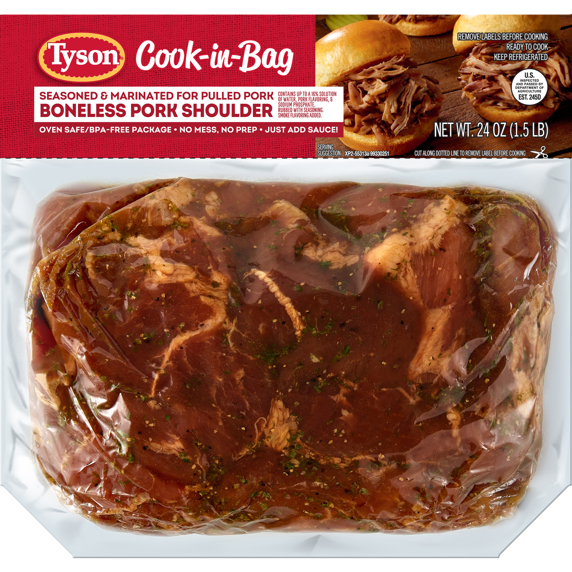 slide 1 of 1, Tyson Cook In Bag Seasoned and Marinated Boneless Pork Shoulder Pulled Pork, 24 oz, 24 oz