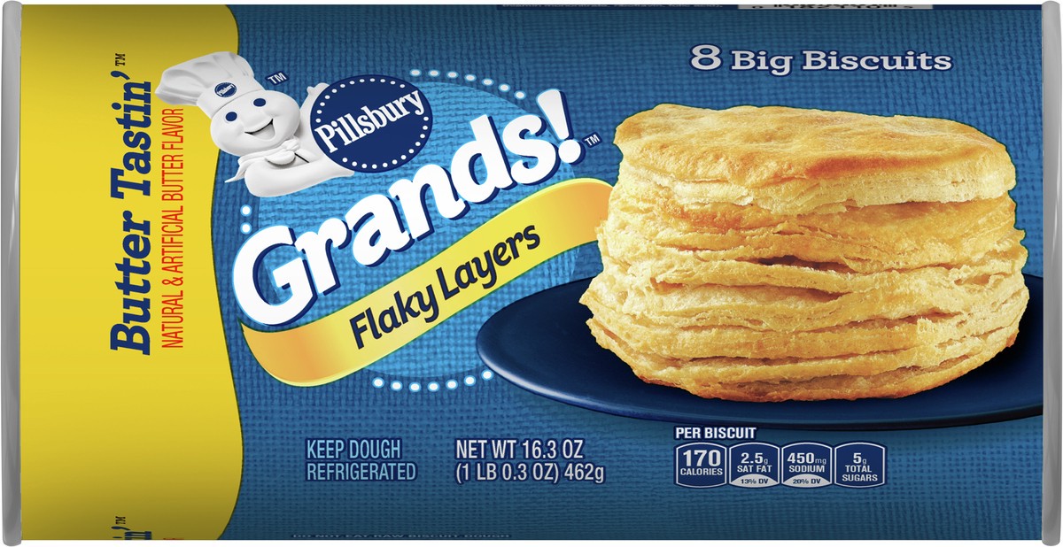 slide 6 of 9, Grands! Flaky Layers Butter Tastin' Refrigerated Biscuit Dough, 8 Biscuits, 16.3 oz, 16 oz