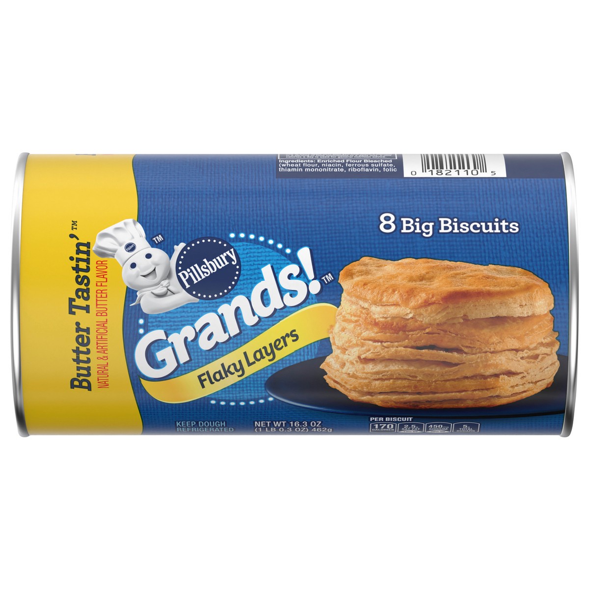 slide 1 of 9, Grands! Flaky Layers Butter Tastin' Refrigerated Biscuit Dough, 8 Biscuits, 16.3 oz, 8 ct