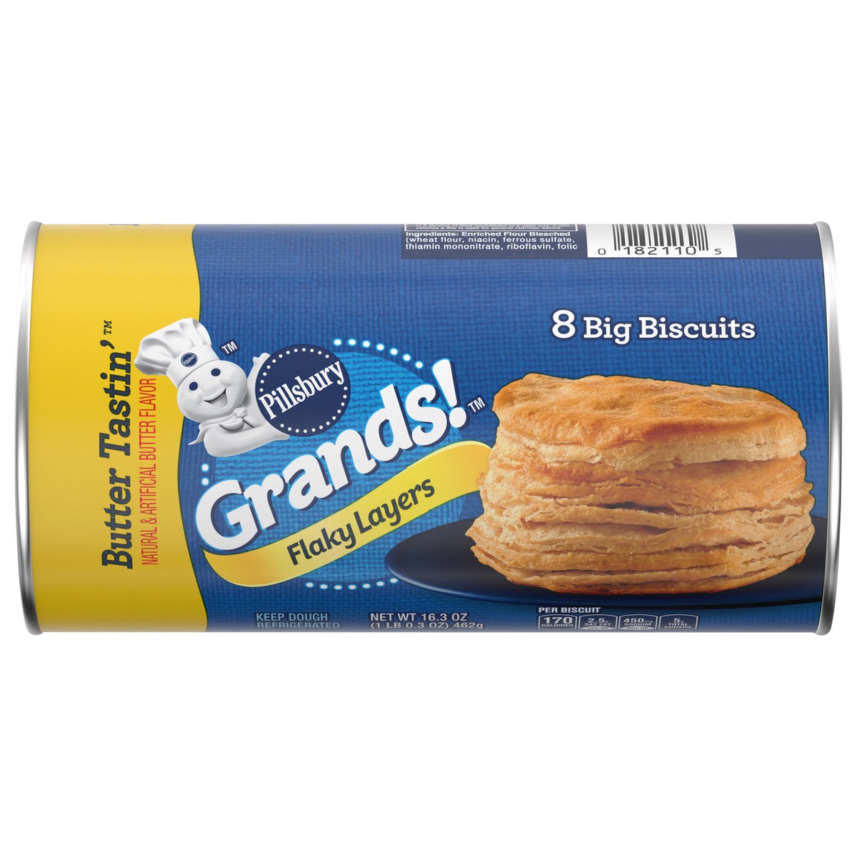 slide 1 of 9, Grands! Flaky Layers Butter Tastin' Refrigerated Biscuit Dough, 8 Biscuits, 16.3 oz, 16 oz