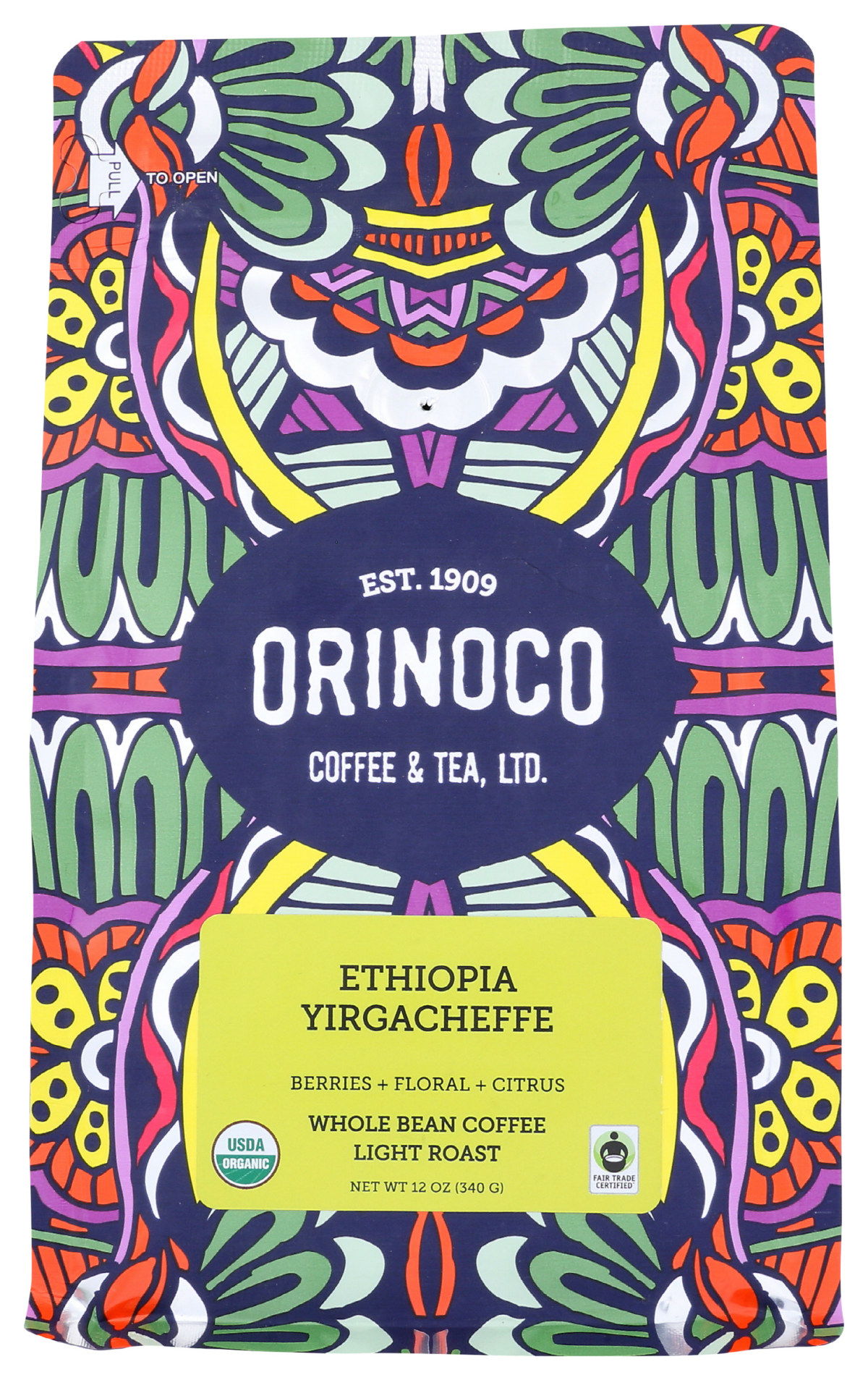 slide 1 of 1, Orinoco Coffee & Tea Ethiopia Yirgacheffe Whole Bean Coffee Light Roast, 12 oz