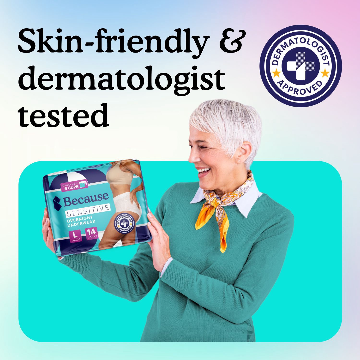 slide 7 of 12, Because Sensitive Plant-Based Liner L Overnight Underwear (60-125 lbs) 14 Each, 14 ct