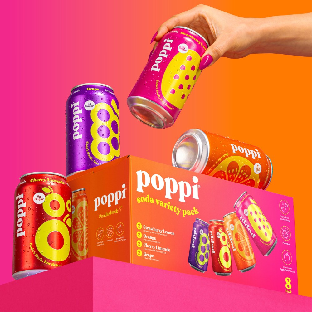 slide 2 of 6, Poppi Assorted Prebiotic Soda Variety Pack 8 - 12 fl oz Cans, 8 ct; 12 fl oz