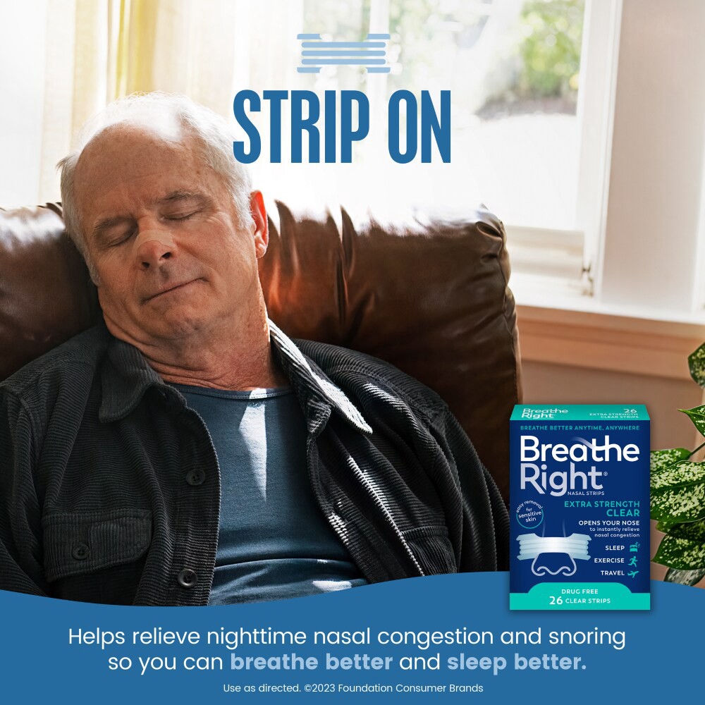slide 2 of 6, Breathe Right Nasal Strips, Drug-Free, Clear, Extra Strength, 26 ct