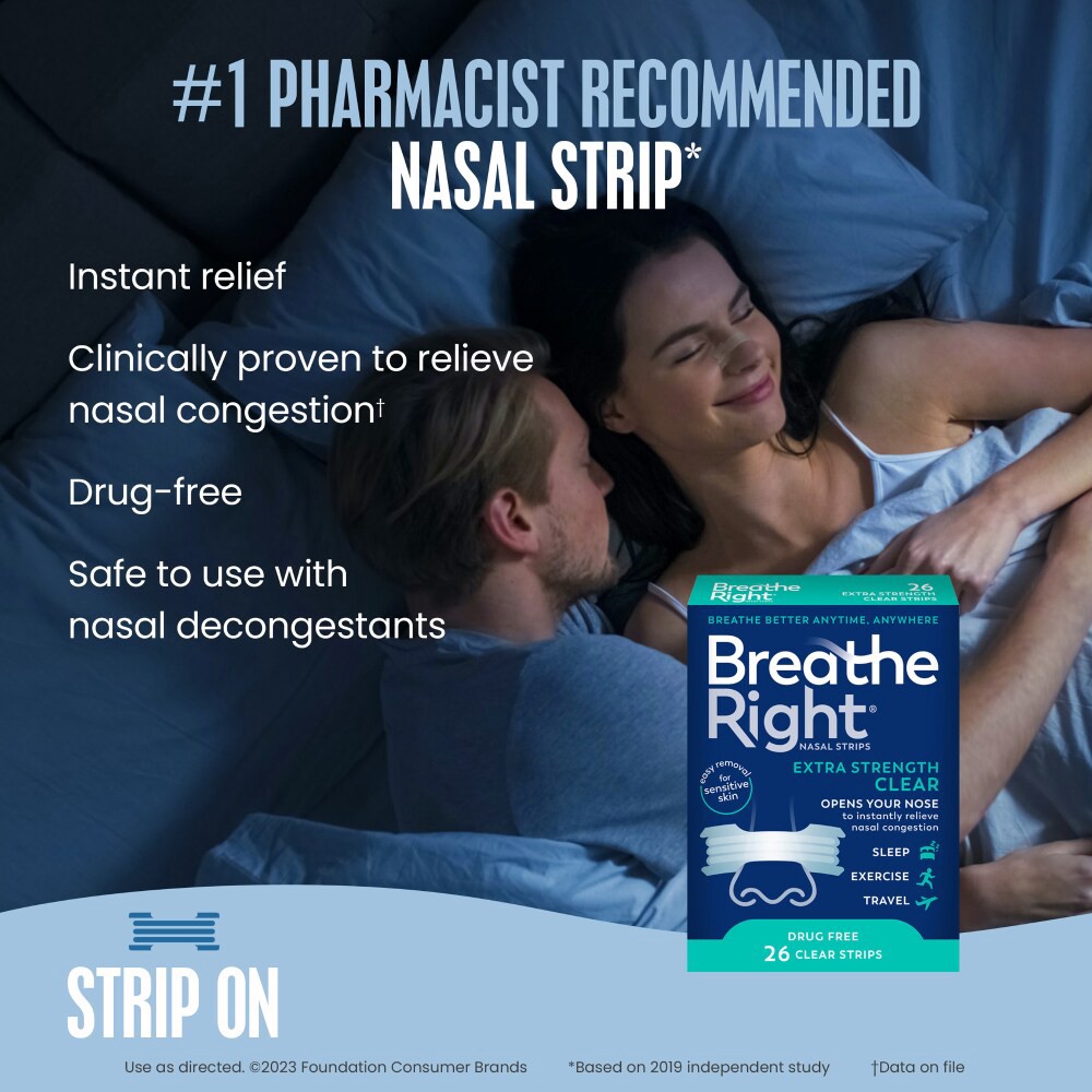 slide 4 of 6, Breathe Right Nasal Strips, Drug-Free, Clear, Extra Strength, 26 ct
