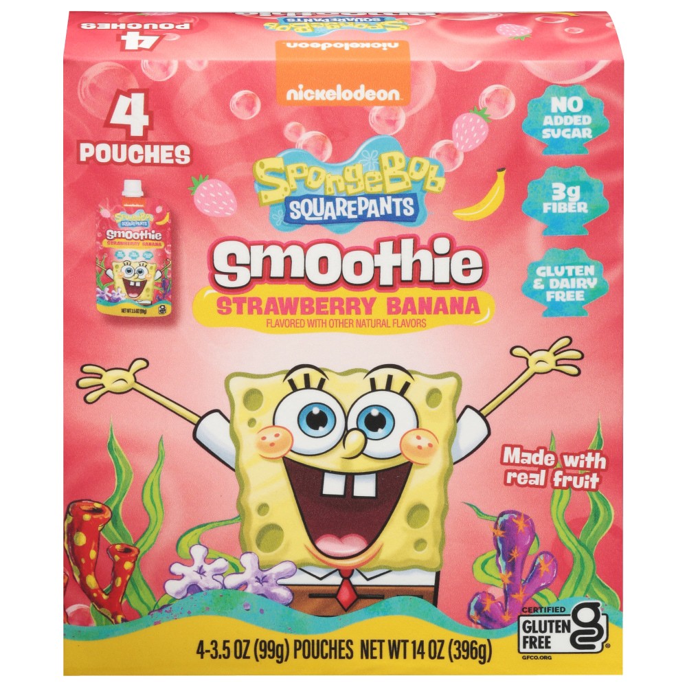 slide 3 of 3, SpongeBob SquarePants Strawberry Banana Smoothie 4 - 3.5 oz Pouches, 14 oz