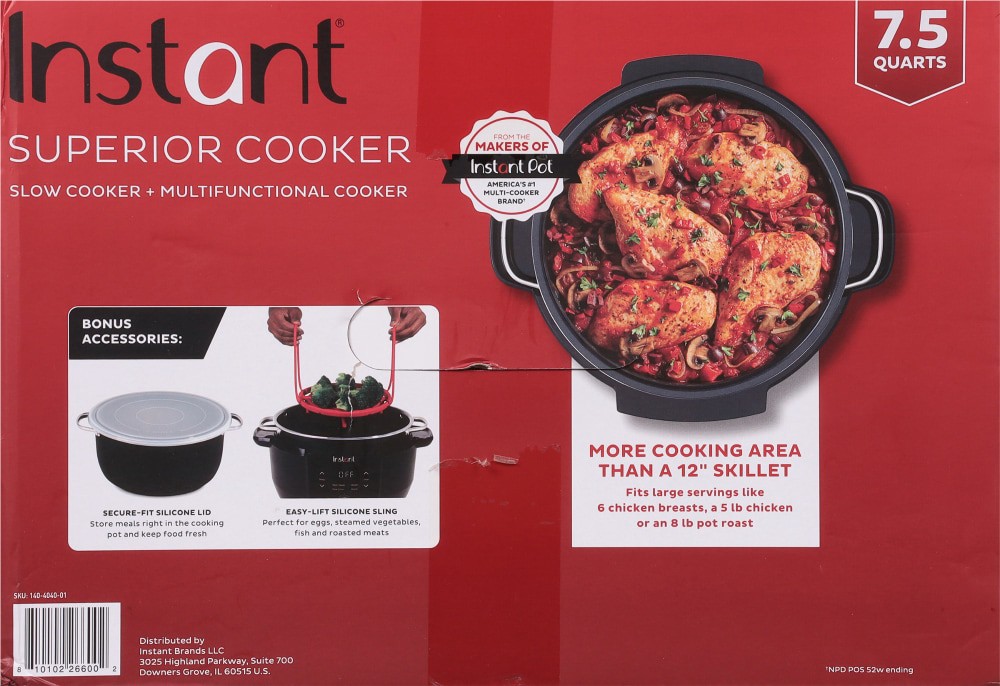 slide 3 of 5, Instant 7.5 Quarts Superior Slow + Multifunctional 4 in 1 Cooker 1 ea, 1 ct