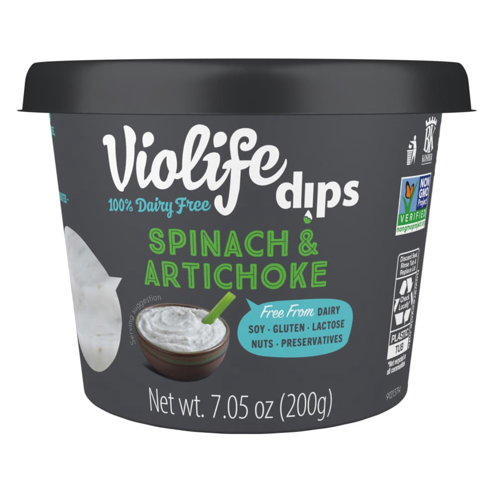 slide 5 of 5, Violife Spinach & Artichoke Dip, Dairy Free Vegan, 7.05 oz Tub (Refrigerated), 75 oz