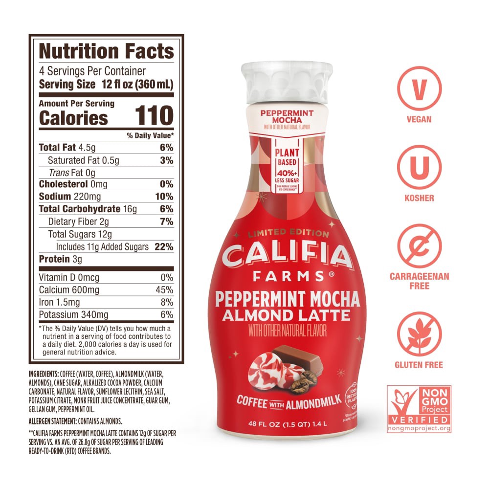 slide 2 of 2, Califia Farms Peppermint Mocha Latte Coffee with Almondmilk 48 fl oz, 48 fl oz