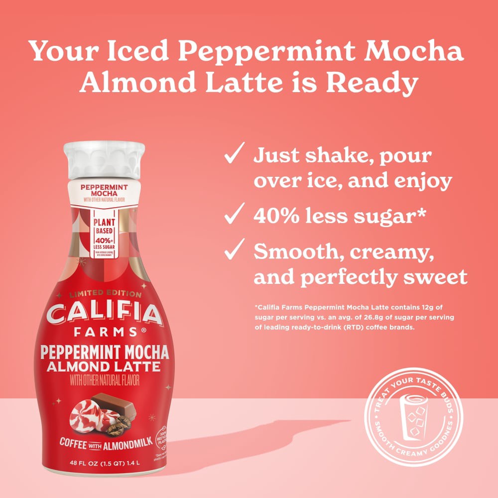 slide 6 of 6, Califia Farms Peppermint Mocha Latte Coffee with Almondmilk 48 fl oz, 48 fl oz