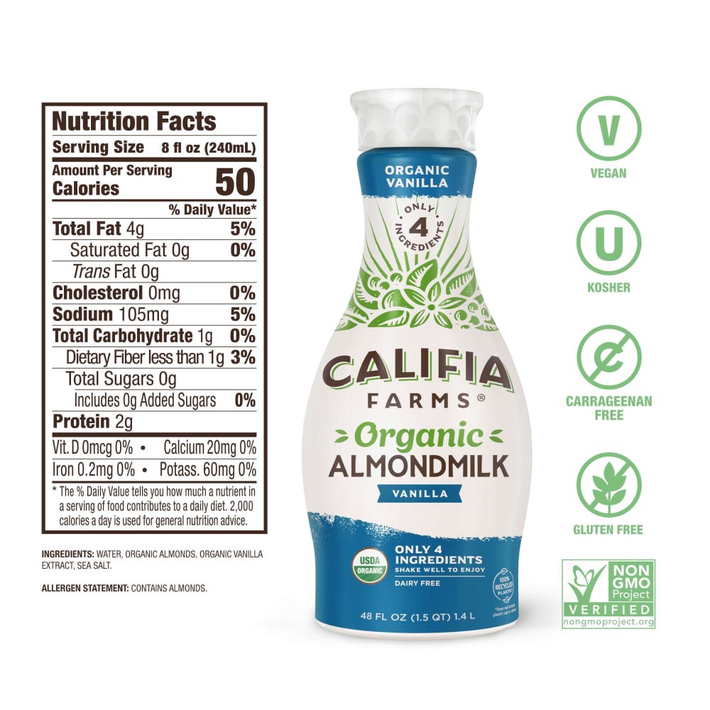 slide 6 of 6, Califia Farms Organic Vanilla Almond Milk 48 Fz - 48 FZ, 48 fl oz