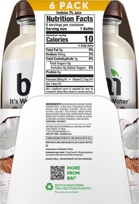 slide 3 of 5, Bai Coconut Flavored Water, Puna Coconut Pineapple, Antioxidant Infused Beverage, 14 fl oz Bottles, 6 Pack, 6 ct