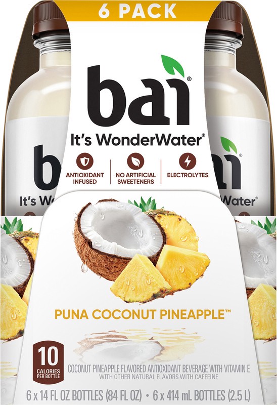 slide 5 of 5, Bai Coconut Flavored Water, Puna Coconut Pineapple, Antioxidant Infused Beverage, 14 fl oz Bottles, 6 Pack, 6 ct
