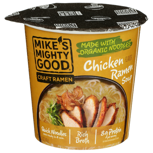 slide 1 of 1, Mike's Mighty Good Chicken Ramen Soup Cup, 1.6 oz