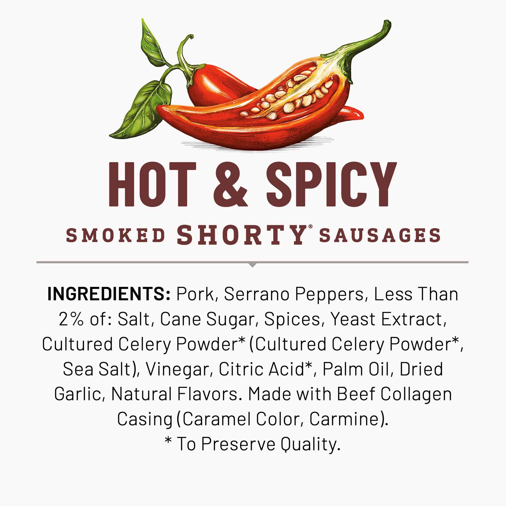 slide 3 of 5, Duke's Pork Hot & Spicy Smoked Shorty Sausages, 7g Protein Per Serving, 5 oz., 5 oz