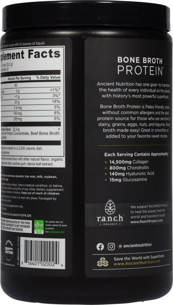 slide 2 of 3, Ancient Nutrition Chocolate Bone Broth Protein Powder, 17.8 oz