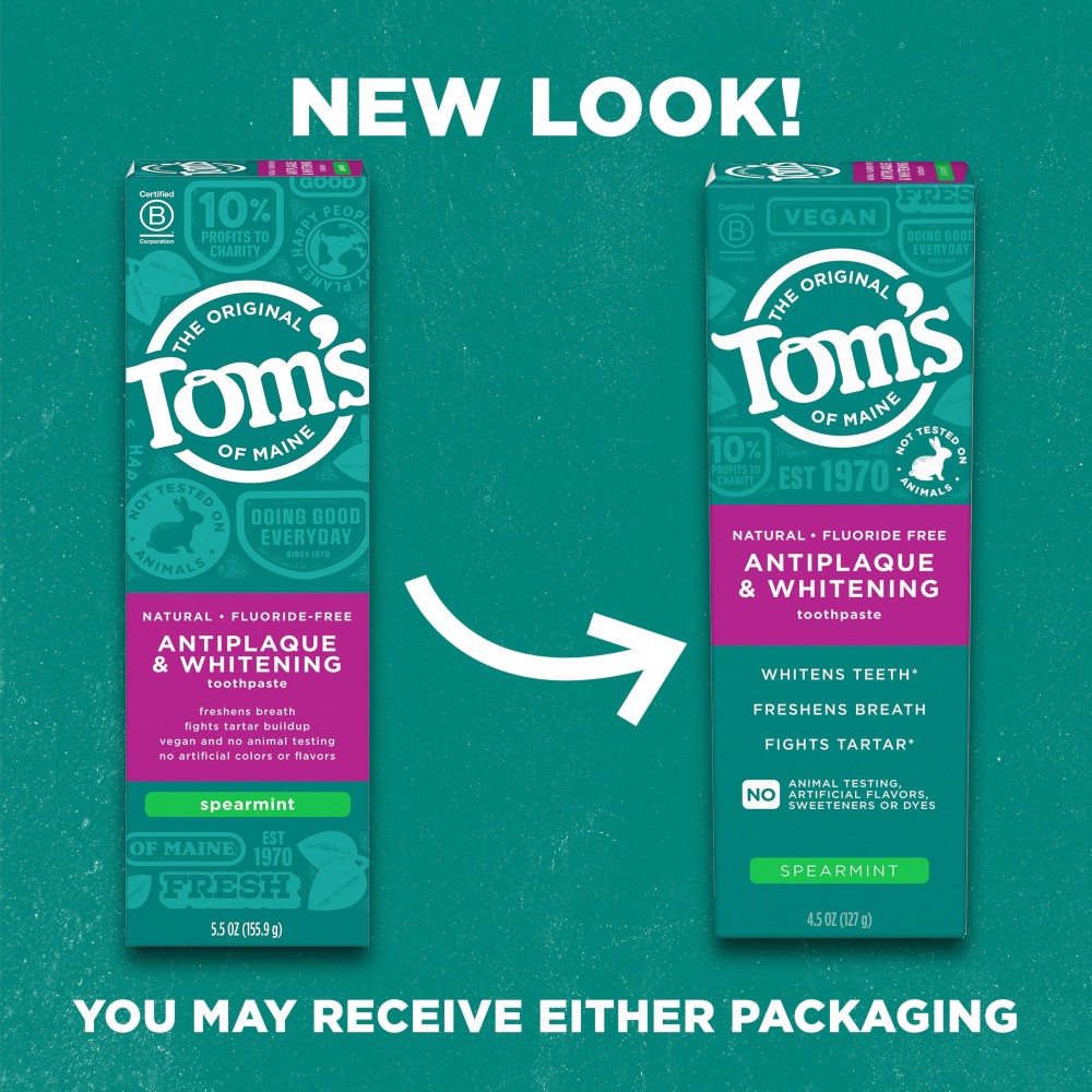 slide 3 of 6, Tom's of Maine Tom’s of Maine Antiplaque and Whitening Fluoride Free Toothpaste, Spearmint Toothpaste, 4.5 oz