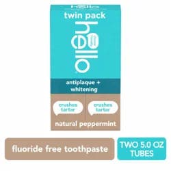 hello Antiplaque and Whitening Fluoride Free Toothpaste Double Pack in Natural Peppermint