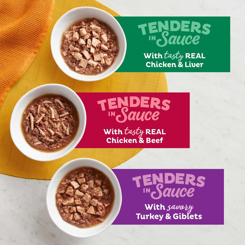 slide 6 of 6, Meow Mix Tenders in Sauce Wet Cat Food Variety Pack With Poultry & Beef Favorites, 12 Cups, 2.75 Oz. Each, 33 oz