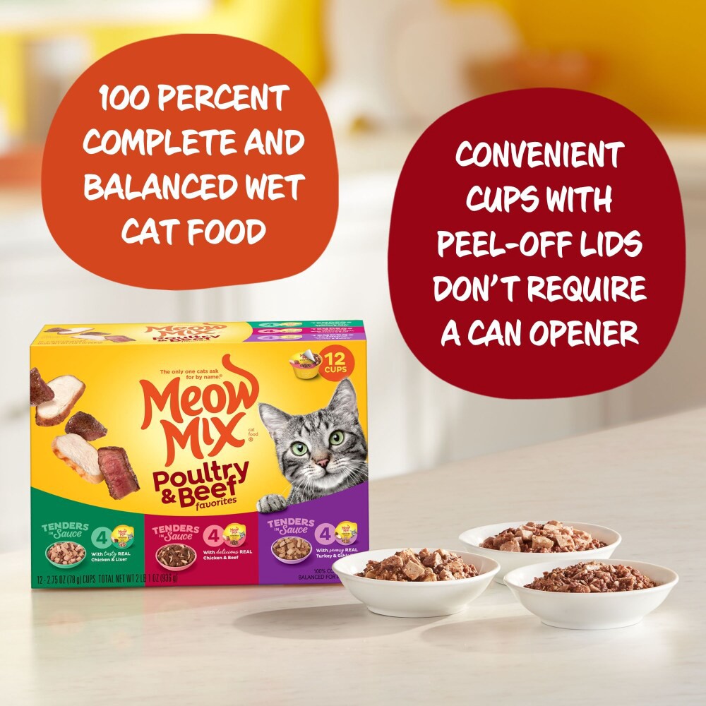 slide 4 of 6, Meow Mix Tenders in Sauce Wet Cat Food Variety Pack With Poultry & Beef Favorites, 12 Cups, 2.75 Oz. Each, 33 oz