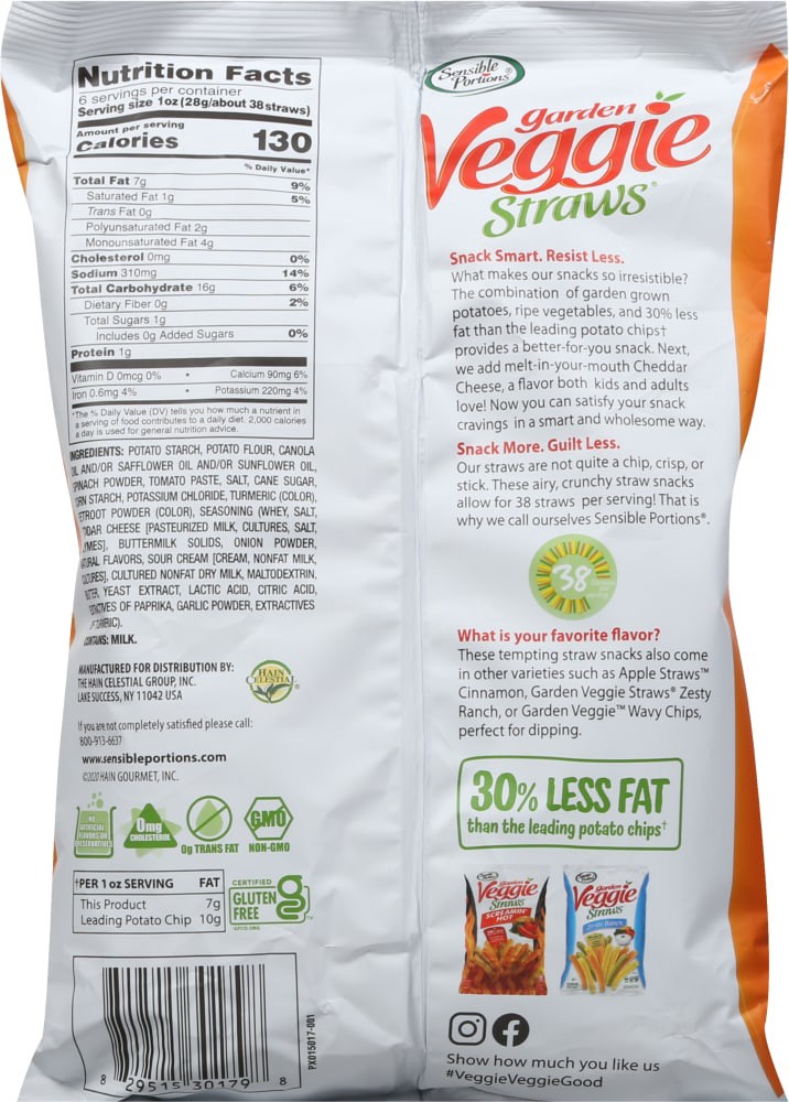 slide 2 of 2, Sensible Portions Garden Veggie Straws Cheddar Cheese Vegetable & Potato Snack 6 oz. Bag, 6 oz