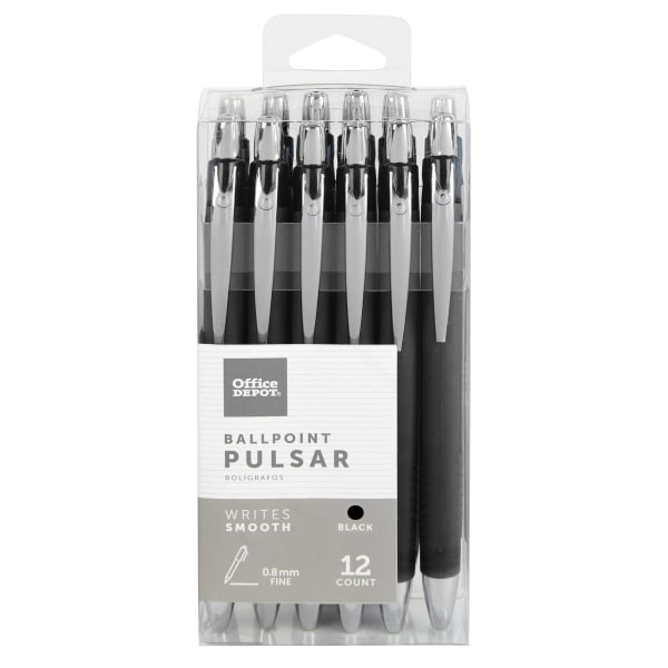slide 1 of 2, Office Depot Brand Pulsar Advanced Ink Ballpoint Pens, Conical/Medium Point, 0.8 Mm, Black Barrels, Black Ink, Pack Of 12, 12 ct