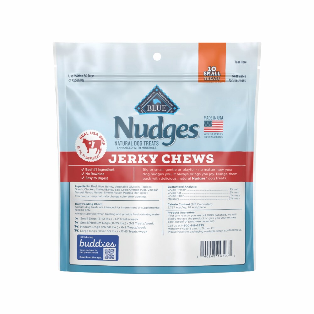slide 2 of 3, Blue Buffalo Nudges Jerky Chews Natural Dog Treats Small Breed, Beef, 10oz Bag, 10 Count, 10 oz