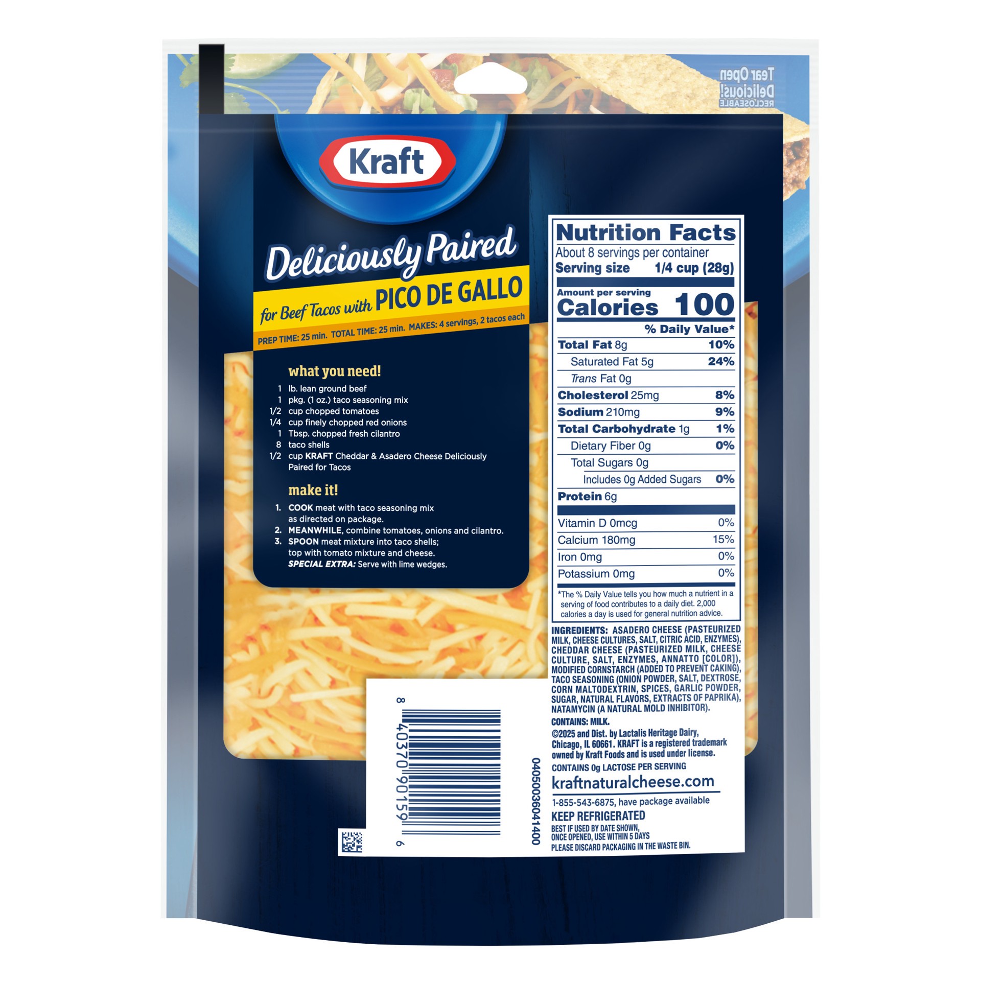 slide 6 of 6, Kraft Deliciously Paired Cheddar & Asadero Shredded Cheese With Taco Seasoning for Tacos, 8 oz Bag, 8 oz