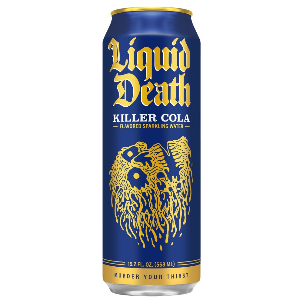 slide 2 of 2, Liquid Death, Killer Cola, Soda-Flavored Sparkling Water, 19.2oz Can, Low Sugar, Huge Flavor & No Artificial Sweeteners, 19.2 fl oz