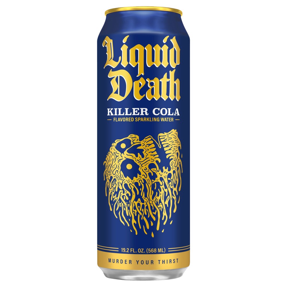 slide 2 of 2, Liquid Death, Killer Cola, Soda-Flavored Sparkling Water, 19.2 oz King Sized Can, Low Calorie & No Artificial Sweeteners, 19.2 oz