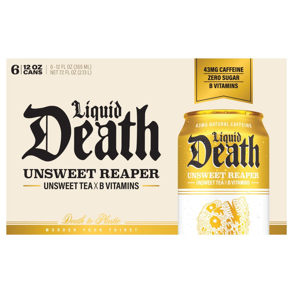 slide 1 of 1, Liquid Death Unsweet Reaper Tea Cans, 6 pk / 12 fl oz, 6 ct