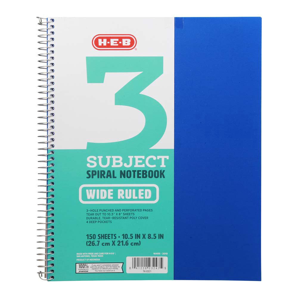 slide 1 of 1, H-E-B 3 Subject Blue Poly Wide Ruled Notebook, 150 ct