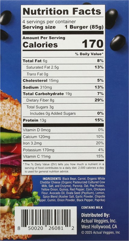 slide 5 of 5, Actual Veggies Black Bean Cheddar Veggie Burger 4 - 3 oz Each, 12 oz