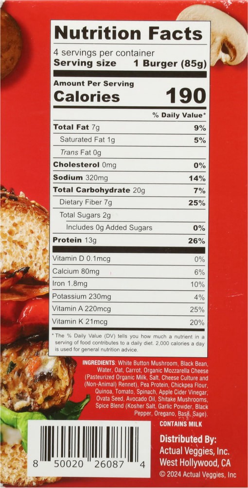 slide 4 of 4, Actual Veggies® Mushroom Mozzarella Veggie Burgers, 4 ct; 3 oz